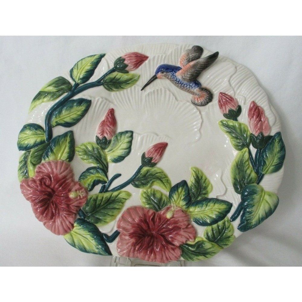 Hummingbird Hibiscus Dimensional Decorative Platter Beautiful Flowers EUC